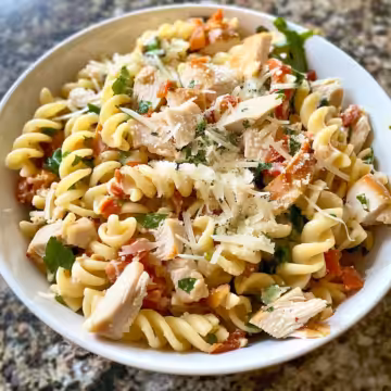 Chicken Club Pasta Salad taken with iphone 15 pro max --iw 2 --ar 4:5 --v 6.0 --raw