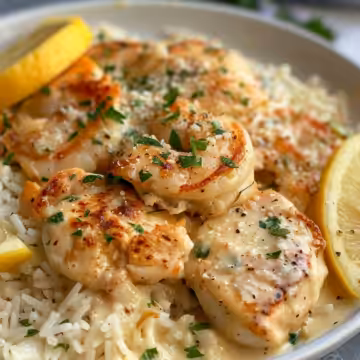Chicken Scampi with Creamy Garlic Parmesan Rice taken with iphone 15 pro max --iw 2 --ar 4:5 --v 6.0 --raw