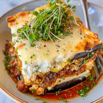Classic Greek Eggplant Moussaka: A Hearty Mediterranean Dish! taken with iphone 15 pro max --iw 2 --ar 4:5 --v 6.0 --raw
