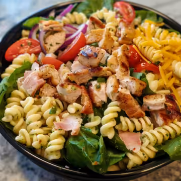 Club Sandwich Pasta Salad taken with iphone 15 pro max --iw 2 --ar 4:5 --v 6.0 --raw