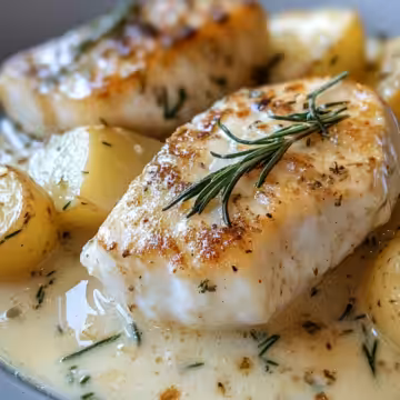 Cod & Potatoes in Rosemary Cream Sauce taken with iphone 15 pro max --iw 2 --ar 4:5 --v 6.1 --raw