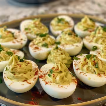 Creamy Avocado Deviled Eggs taken with iphone 15 pro max --iw 2 --ar 4:5 --v 6.0 --raw