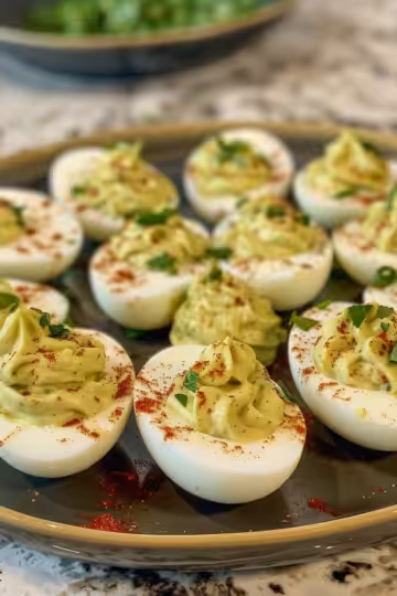 Creamy Avocado Deviled Eggs taken with iphone 15 pro max --iw 2 --ar 4:5 --v 6.0 --raw