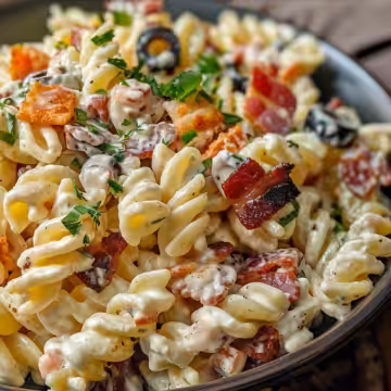 Creamy Bacon Cheddar Ranch Pasta Salad taken with iphone 15 pro max --iw 2 --ar 4:5 --v 6.0 --raw