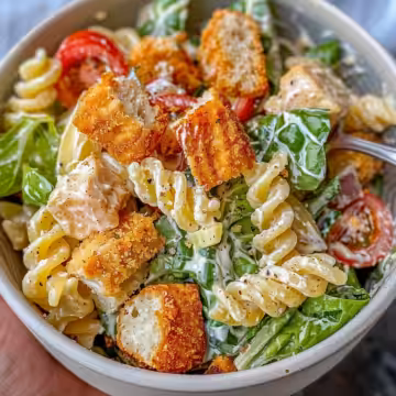 Creamy Chicken Caesar Pasta Salad Recipe for Parties taken with iphone 15 pro max --iw 2 --ar 4:5 --v 6.0 --raw