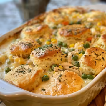 Creamy Chicken Pot Pie with Cheddar Bay Biscuits taken with iphone 15 pro max --iw 2 --ar 4:5 --v 6.0 --raw