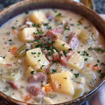Creamy Corned Beef and Cabbage Chowder taken with iphone 15 pro max --iw 2 --ar 4:5 --v 6.0 --raw