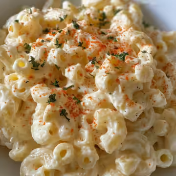 Creamy Deviled Egg Macaroni Salad taken with iphone 15 pro max --iw 2 --ar 4:5 --v 6.0 --raw