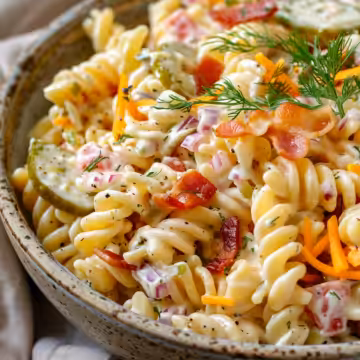 Creamy Dill Pickle Bacon Ranch Pasta Salad Recipe taken with iphone 15 pro max --iw 2 --ar 4:5 --v 6.0 --raw