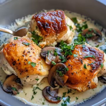 Creamy Garlic Mushroom Chicken Thighs taken with iphone 15 pro max --iw 2 --ar 4:5 --v 6.0 --raw