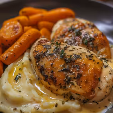 Creamy Herb Chicken with Mashed Potatoes & Glazed Carrots taken with iphone 15 pro max --iw 2 --ar 4:5 --v 6.0 --raw