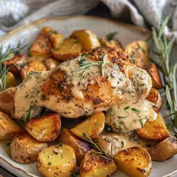 Creamy Herb Chicken with Roasted Potatoes taken with iphone 15 pro max --iw 2 --ar 4:5 --v 6.0 --raw