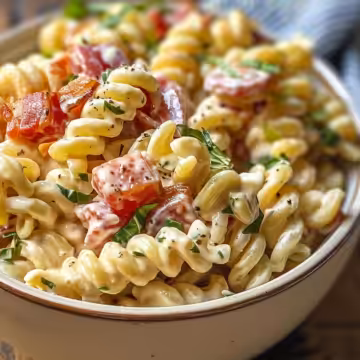 Creamy High Protein Bacon Ranch Pasta Salad taken with iphone 15 pro max --iw 2 --ar 4:5 --v 6.0 --raw