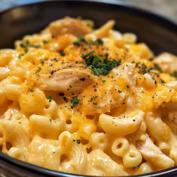 Creamy Honey Pepper Chicken Mac and Cheese Delight taken with iphone 15 pro max --iw 2 --ar 4:5 --v 6.0 --raw