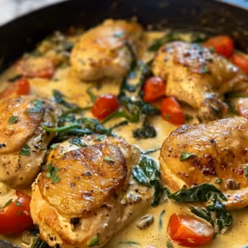 Creamy Mediterranean Chicken Skillet taken with iphone 15 pro max --iw 2 --ar 4:5 --v 6.0 --raw