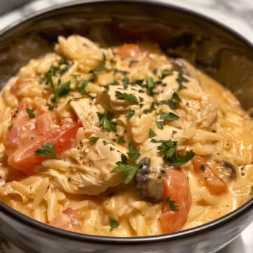 Creamy Slow Cooker Tuscan Chicken Orzo taken with iphone 15 pro max --iw 2 --ar 4:5 --v 6.0 --raw