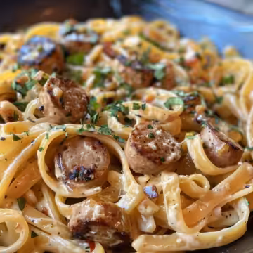 Creamy Spicy Cajun Sausage Pasta taken with iphone 15 pro max --iw 2 --ar 4:5 --v 6.0 --raw