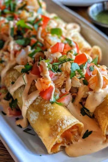 Crispy Crab and Shrimp Queso Taquitos taken with iphone 15 pro max --iw 2 --ar 4:5 --v 6.0 --raw