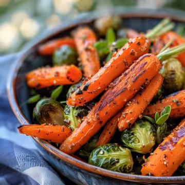 Crispy Maple Glazed Carrots and Brussels Sprouts taken with iphone 15 pro max --iw 2 --ar 4:5 --v 6.0 --raw