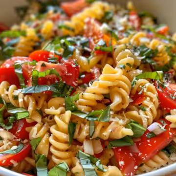 Delicious Bruschetta Pasta Salad taken with iphone 15 pro max --iw 2 --ar 4:5 --v 6.0 --raw