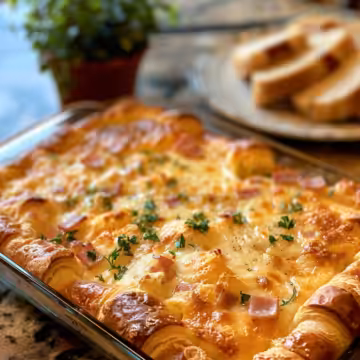 Delicious Ham and Cheese Croissant Casserole Recipe! taken with iphone 15 pro max --iw 2 --ar 4:5 --v 6.0 --raw