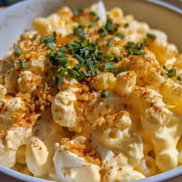 Deviled Egg Macaroni Salad taken with iphone 15 pro max --iw 2 --ar 4:5 --v 6.0 --raw