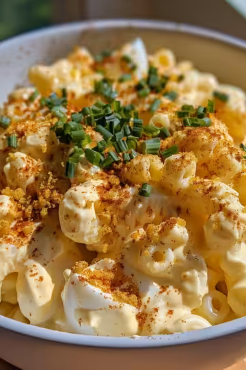 Deviled Egg Macaroni Salad taken with iphone 15 pro max --iw 2 --ar 4:5 --v 6.0 --raw