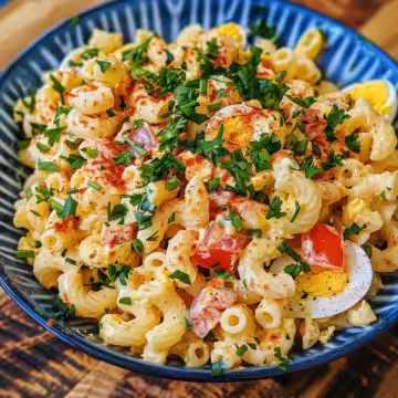 Deviled Egg Pasta Salad taken with iphone 15 pro max --iw 2 --ar 4:5 --v 6.0 --raw