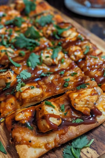Easy BBQ Chicken Flatbread taken with iphone 15 pro max --iw 2 --ar 4:5 --v 6.0 --raw
