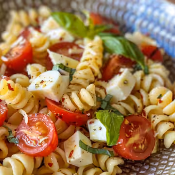 Easy Caprese Pasta Salad taken with iphone 15 pro max --iw 2 --ar 4:5 --v 6.0 --raw