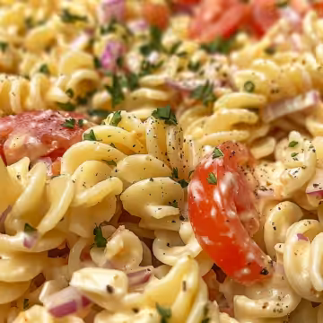 Easy Creamy Pasta Salad taken with iphone 15 pro max --iw 2 --ar 4:5 --v 6.0 --raw