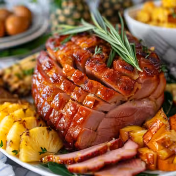 Easy Easter Pineapple Honey Glazed Ham taken with iphone 15 pro max --iw 2 --ar 4:5 --v 6.0 --raw
