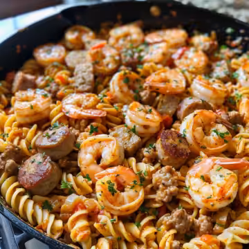 Easy Garlic Butter Shrimp and Sausage Pasta Skillet taken with iphone 15 pro max --iw 2 --ar 4:5 --v 6.0 --raw