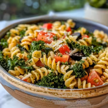 Easy Mediterranean Pasta and Kale Salad taken with iphone 15 pro max --iw 2 --ar 4:5 --v 6.0 --raw