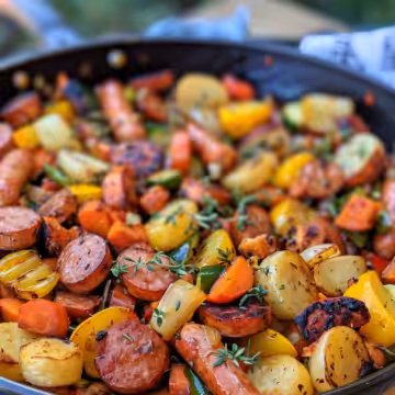 Easy One-Pan Honey Garlic Kielbasa & Veggies taken with iphone 15 pro max --iw 2 --ar 4:5 --v 6.0 --raw