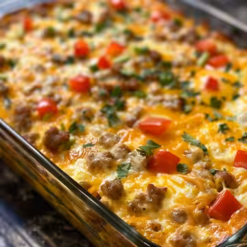 Easy Sausage and Egg Casserole taken with iphone 15 pro max --iw 2 --ar 4:5 --v 6.0 --raw