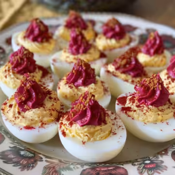 Festive Beet-Pickled Deviled Eggs taken with iphone 15 pro max --iw 2 --ar 4:5 --v 6.0 --raw