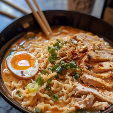 Fiery Chicken Ramen with Creamy Garlic Sauce taken with iphone 15 pro max --iw 2 --ar 4:5 --v 6.0 --raw
