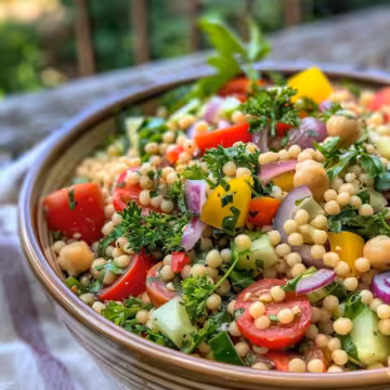 Flavorful Mediterranean Couscous Salad taken with iphone 15 pro max --iw 2 --ar 4:5 --v 6.0 --raw