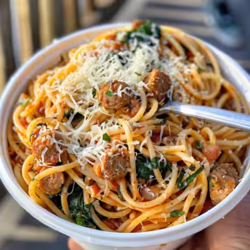 Garlic Butter Spaghetti with Cheesy Italian Sausage and Spinach taken with iphone 15 pro max --iw 2 --ar 4:5 --v 6.0 --raw
