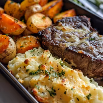 Garlic Butter Steak & Cheddar Potato Bake taken with iphone 15 pro max --iw 2 --ar 4:5 --v 6.0 --raw