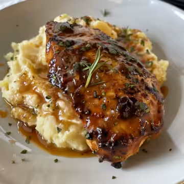 Glazed Garlic Herb Chicken Breast with Mashed Potatoes taken with iphone 15 pro max --iw 2 --ar 4:5 --v 6.0 --raw