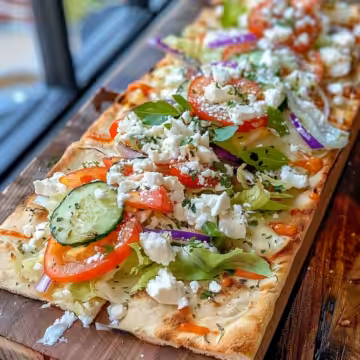 Greek Chicken Flatbread taken with iphone 15 pro max --iw 2 --ar 4:5 --v 6.0 --raw