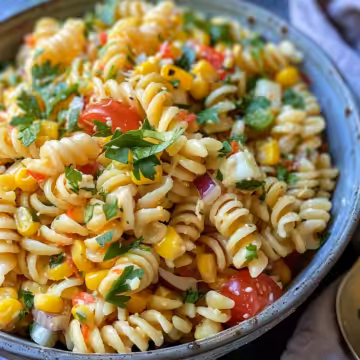 Healthy Street Corn Pasta Salad taken with iphone 15 pro max --iw 2 --ar 4:5 --v 6.0 --raw