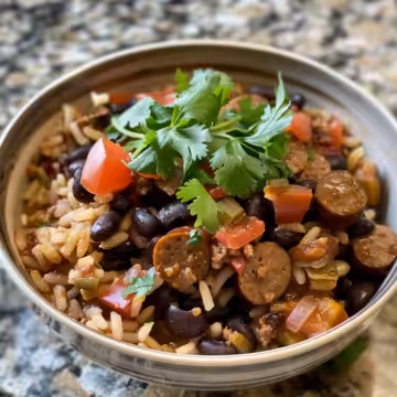 Hearty Black Beans and Rice with Sausage taken with iphone 15 pro max --iw 2 --ar 4:5 --v 6.0 --raw