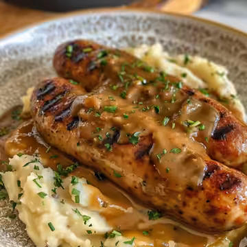 Hearty Irish Bangers and Mash with Guinness Gravy taken with iphone 15 pro max --iw 2 --ar 4:5 --v 6.0 --raw