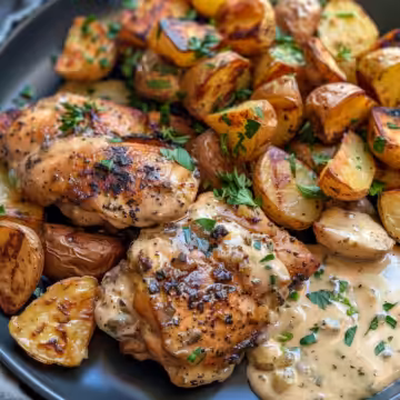 High Protein Creamy Garlic Chicken & Crispy Potatoes taken with iphone 15 pro max --iw 2 --ar 4:5 --v 6.0 --raw