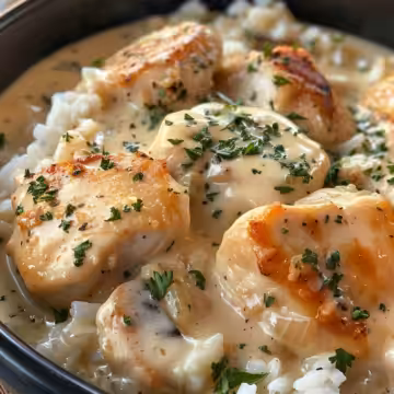 Homemade Creamy Smothered Chicken and Rice taken with iphone 15 pro max --iw 2 --ar 4:5 --v 6.0 --raw