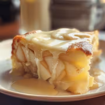 Irish Apple Cake with Custard Sauce taken with iphone 15 pro max --iw 2 --ar 4:5 --v 6.0 --raw