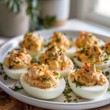Irresistible Crawfish Deviled Eggs taken with iphone 15 pro max --iw 2 --ar 4:5 --v 6.0 --raw